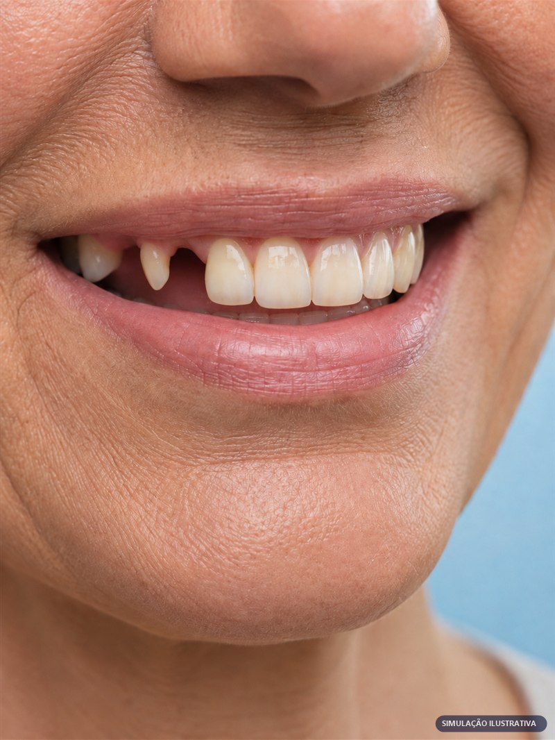 Simulação ilustrativa: sorriso com dentes ausentes antes do implante